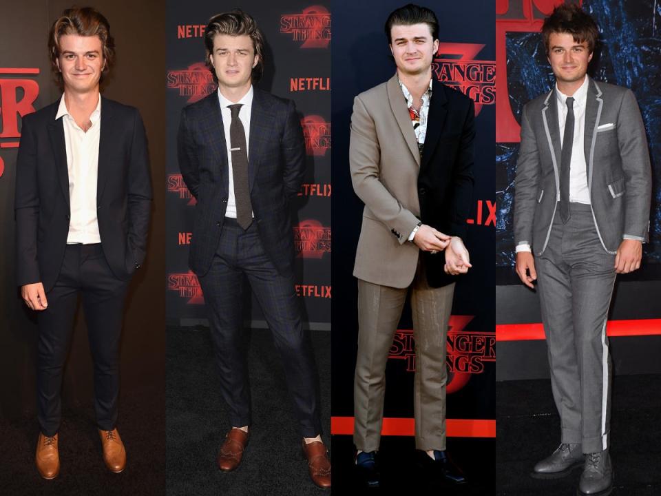 Joe Keery at "Stranger Things" premieres between 2016 and 2022.