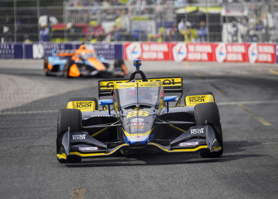 Colton Herta, of the United States, drives to a second place finish during an IndyCar auto race in Toronto, Sunday, July 17, 2022. (Mark Blinch/The Canadian Press via AP)