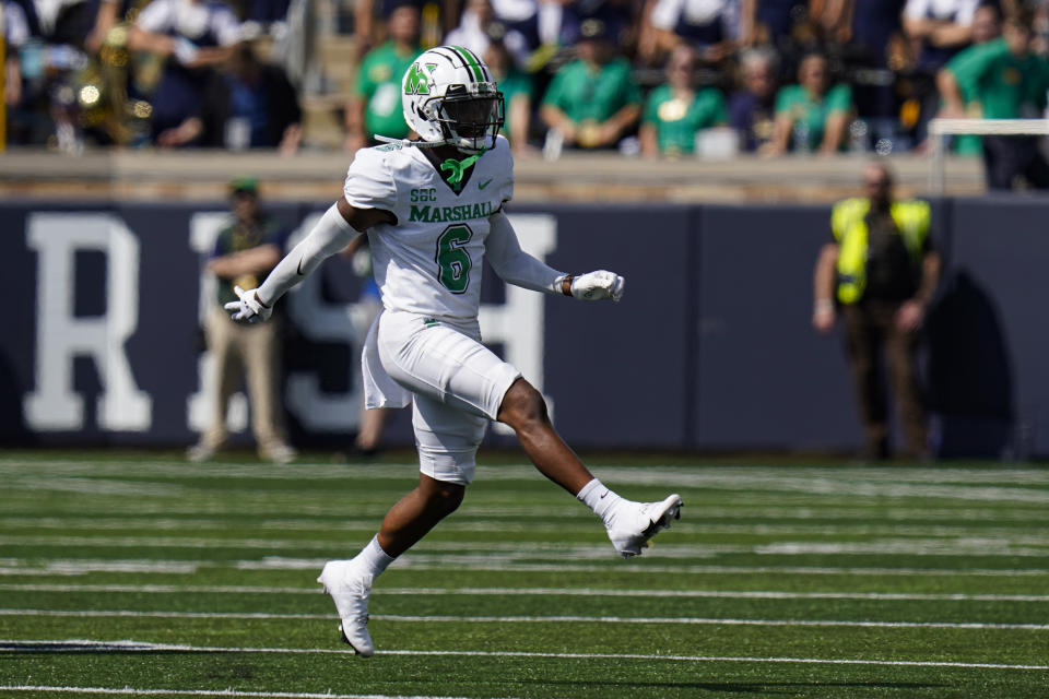 Marshall defensive back Micah Abraham celebrates a sacks against Notre Dame during the first half of an NCAA college football game in South Bend, Ind., Saturday, Sept. 10, 2022. (AP Photo/Michael Conroy)