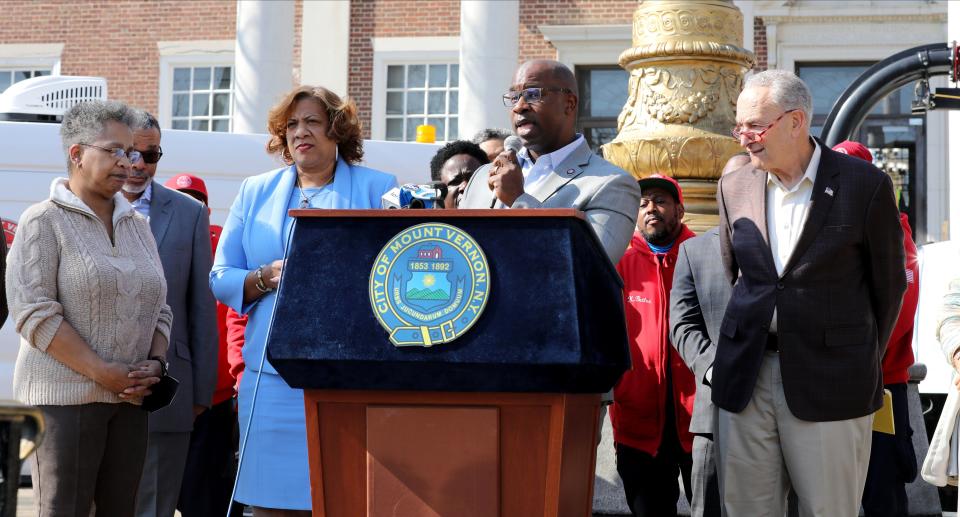 U.S. Rep Jamaal Bowman along with U.S. Sen. Charles Schumer and Mount Vernon Mayor Shawyn Patterson-Howard and  announce funding plans for the City of Mount Vernon to combat its ongoing sewage and wastewater issues, during an appearance at Mount Vernon City Hall, March 18, 2022. 