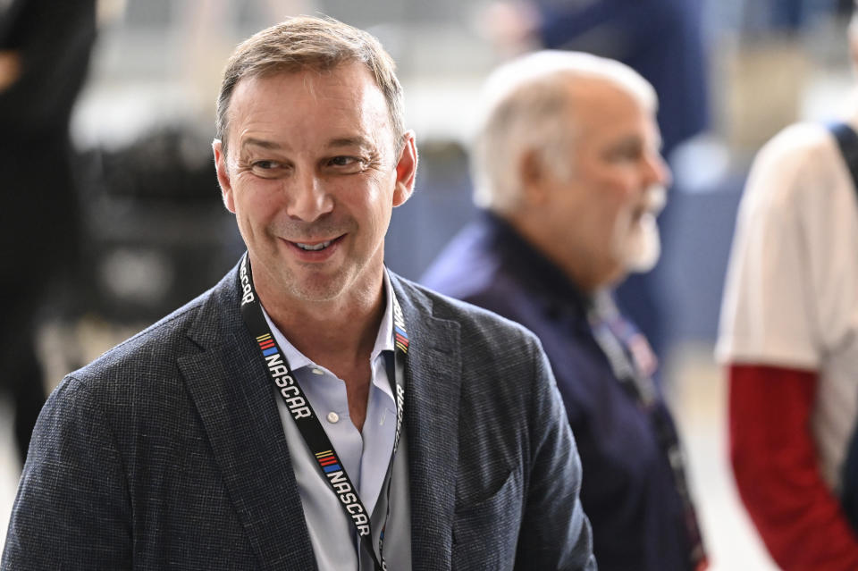 Former crew chief Chad Knaus smiles prior to an event to announce the 2025 NASCAR Hall of Fame class Tuesday, May 21, 2024, in Charlotte, N.C. (AP Photo/Matt Kelley)