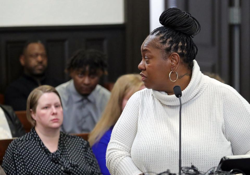 Tamara Kinard, mother of defendant Dacarrei Kinard, apologizes to the family of George "Geo" Jensen before her son is sentenced to prison Friday for the drive-by shooting death of Jensen.