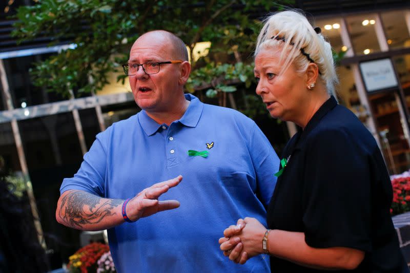 Charlotte Charles and Tim Dunn, parents of British teen Harry Dunn who was killed in a car crash on his motorcycle, allegedly by the wife of an American diplomat, speak during a interview in the Manhattan borough of New York