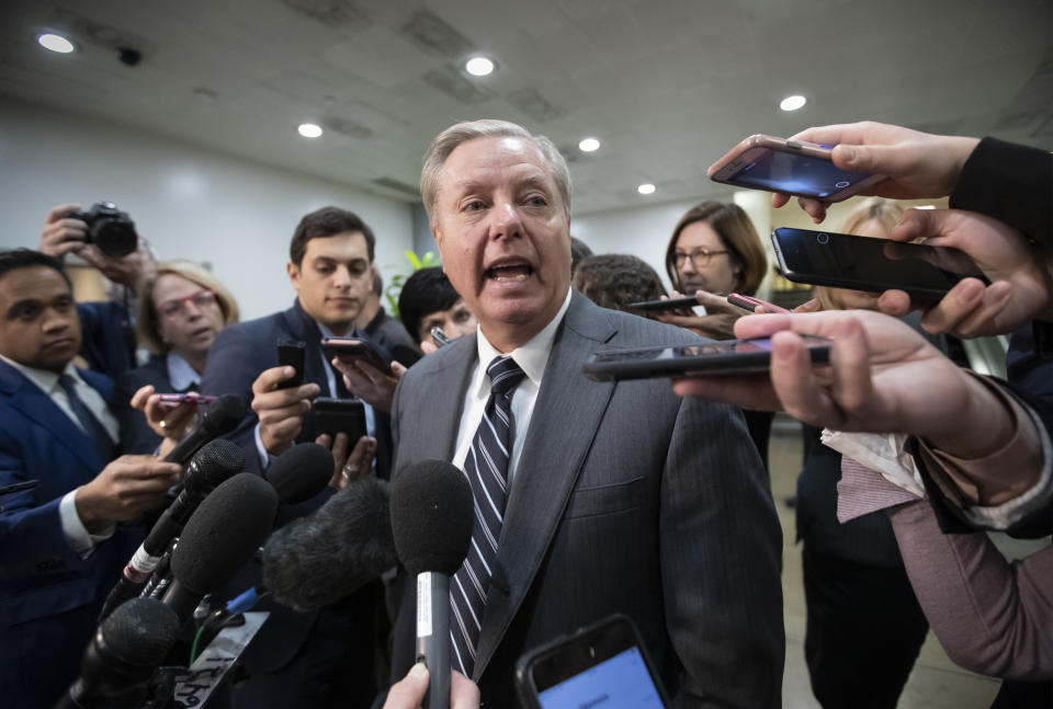 Sen. Lindsey Graham, R-S.C., chairman of the Subcommittee on Crime and Terrorism, speaks to reporters after a closed-door security briefing by CIA Director Gina Haspel on the slaying of Saudi journalist Jamal Khashoggi and the involvement of the Saudi crown prince, Mohammed bin Salman, at the Capitol in Washington, Tuesday, Dec. 4, 2018. Graham said there is "zero chance" the crown prince wasn't involved in Khashoggi's death. (AP Photo/J. Scott Applewhite)