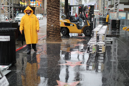 Fan bleachers are installed outside the Dolby Theatre in preparation for the 91st Academy Awards in Hollywood, Los Angeles, California, U.S., February 14, 2019. REUTERS/Lucy Nicholson