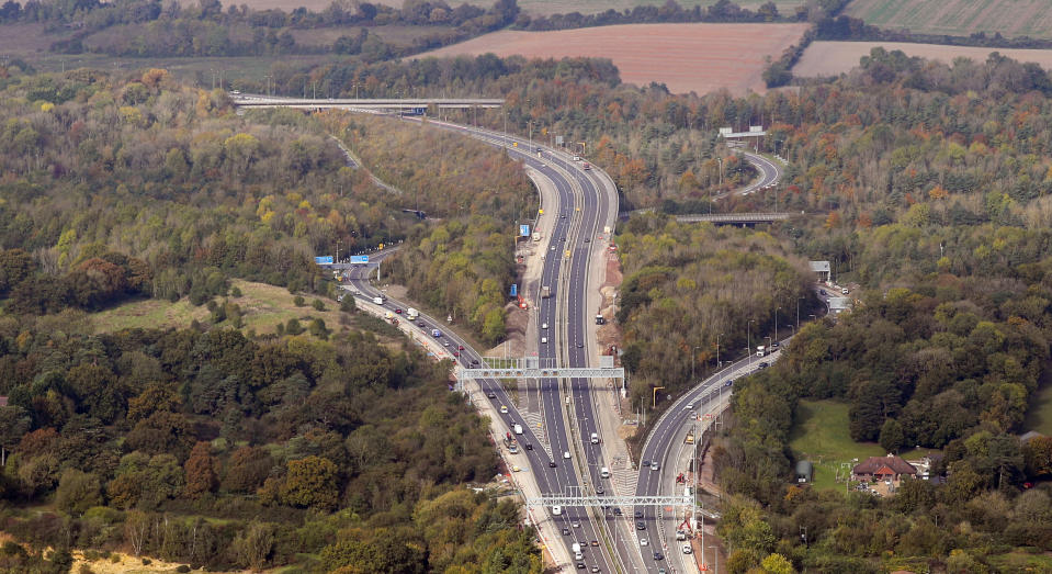 An aerial view of the M25 junction with the M23 in Surrey.