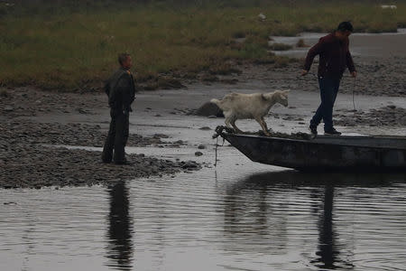 A Chinese man walks away with a goat he just purchased from a North Korean soldier at the North Korean side of the border in Dandong of China's Liaoning province, April 14, 2017. REUTERS/Aly Song