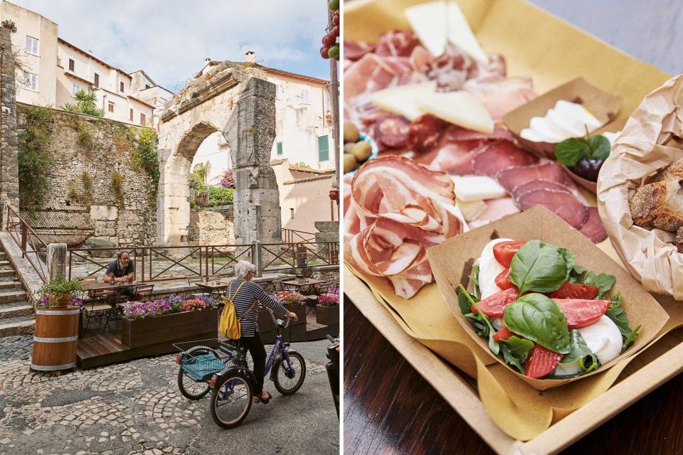 Two photos from Terracina, Italy, showing a Roman arch and antipasti at restaurant Antichi Sapori Pontini