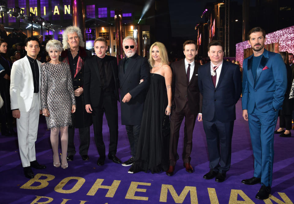 Rami Malek, Anita Dobson, Brian May, Ben Hardy, Roger Taylor, Sarina Potgieter, Joseph Mazzello, Mike Myers and Gwilym Lee attending the Bohemian Rhapsody world premiere (Matt Crossick/PA)