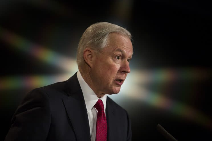 Sessions delivers remarks at the Justice Department last month. (Photo: Zach Gibson/Getty Images)