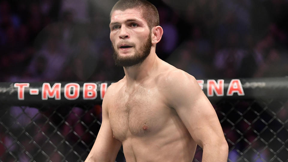 Khabib Nurmagomedov stares across at Conor McGregor in their UFC lightweight championship bout. (Photo by Brandon Magnus/Zuffa LLC/Zuffa LLC via Getty Images)