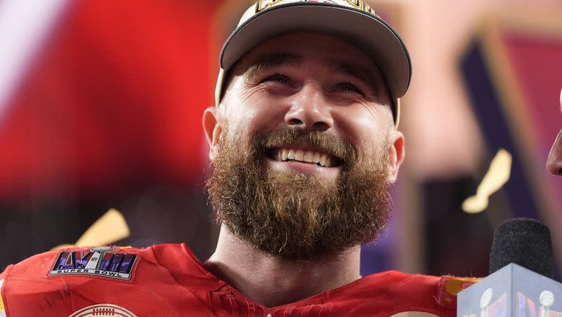 Kansas City Chiefs tight end Travis Kelce (87) celebrates after the Super Bowl vs. the San Francisco 49ers on Sunday, Feb. 11, 2024, in Las Vegas. The Chiefs won 25-22 in overtime.