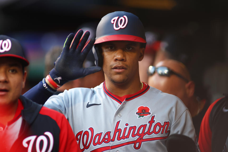 Los Nacionales quieren aplastar los rumores de canje de Juan Soto.  (Foto de Mike Stobe/Getty Images)