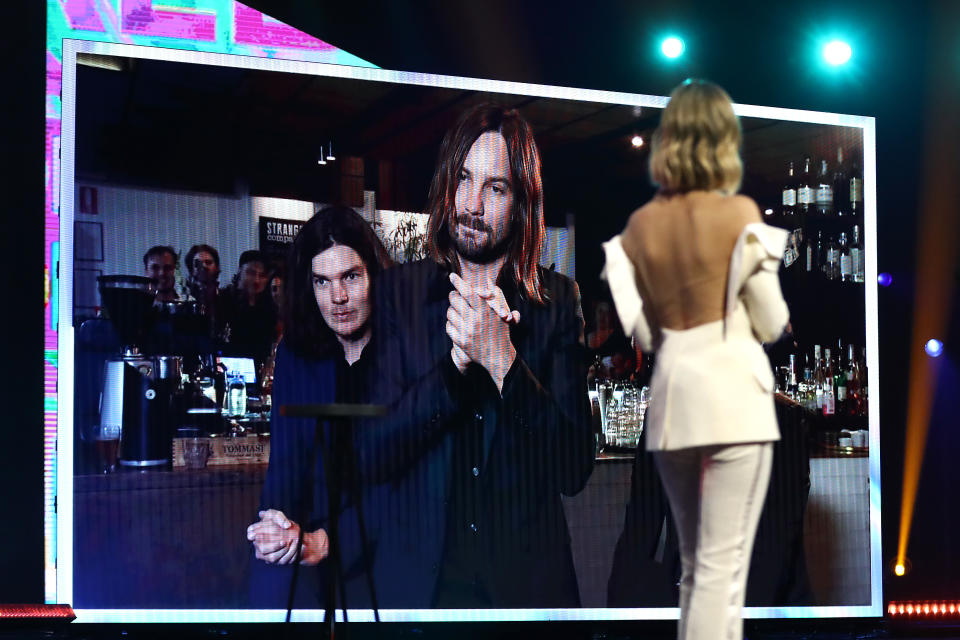  Delta Goodrem congratulates Kevin Parker and members of Tame Impala after winning the ARIA Award for Album of the Year via video link at the 2020 ARIA Awards at The Star on November 25, 2020 in Sydney, Australia.