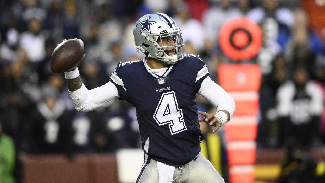 Dak Prescott and the Cowboys will look to carry over their success from the wild-card round when they take on the 49ers on Sunday. (AP Photo/Nick Wass)