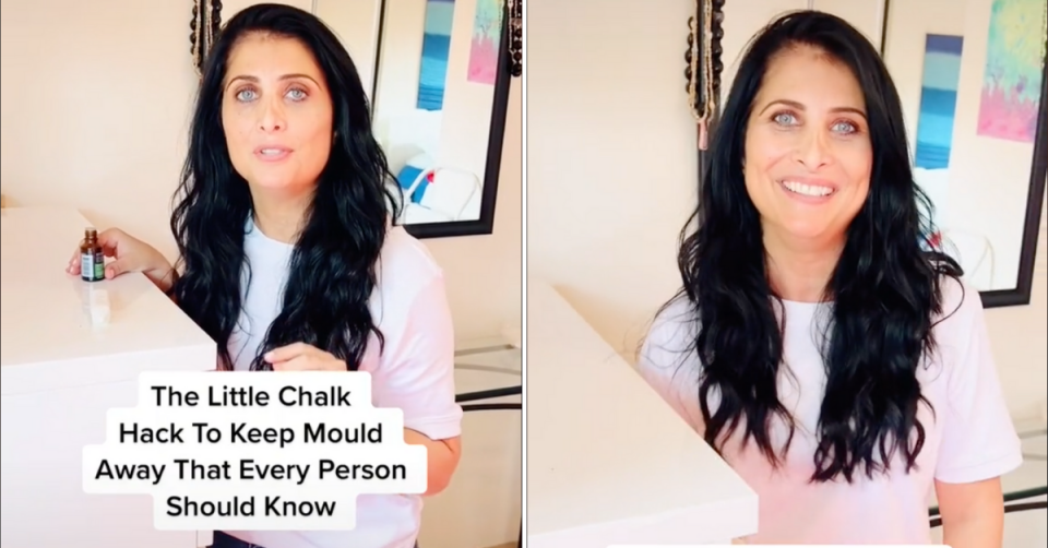 Two images of professional organising specialist Anita Birges sharing hack for dealing with mould in the home on TikTok. She has long dark hair worn loose and demonstrates using chalk to absorb moisture.