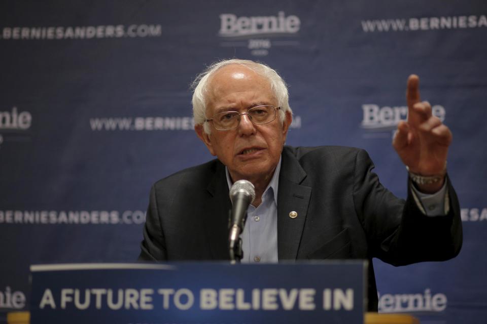 U.S. Democratic presidential candidate and U.S. Senator Bernie Sanders speaks to reporters about the Wyoming caucus results following a campaign rally at Laguardia Performing Arts Center in Queens, New York April 9, 2016. REUTERS/Brian Snyder