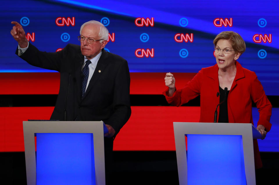 Bernie Sanders, left, and Elizabeth Warren have argued for Medicare for All on the debate stage. But the health care industry is outspending them on the airwaves. (Photo: Lucas Jackson / Reuters)