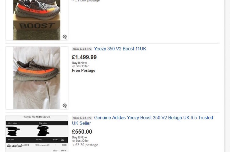 <span class="caption">Yeezys for sale on eBay shortly after the drop.</span> <span class="attribution"><span class="source">Simon Chadwick</span></span>