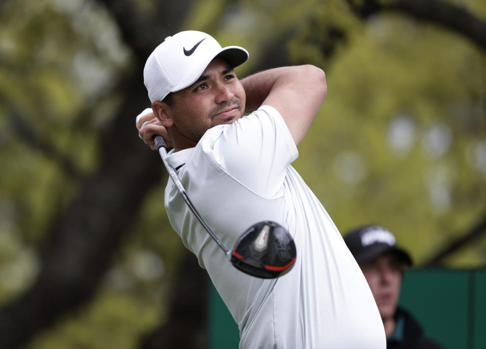 Jason Day watch his drive on the first hole during round-robin play at the Dell Technologies Match Play Championship golf tournament, Friday, March 29, 2019, in Austin, Texas. (AP Photo/Eric Gay)