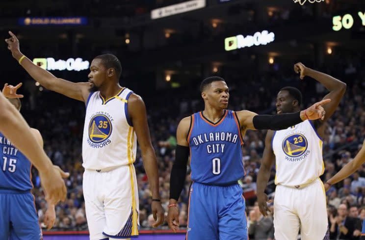 Kevin Durant and Russell Westbrook pointed in different directions. (Getty Images) 