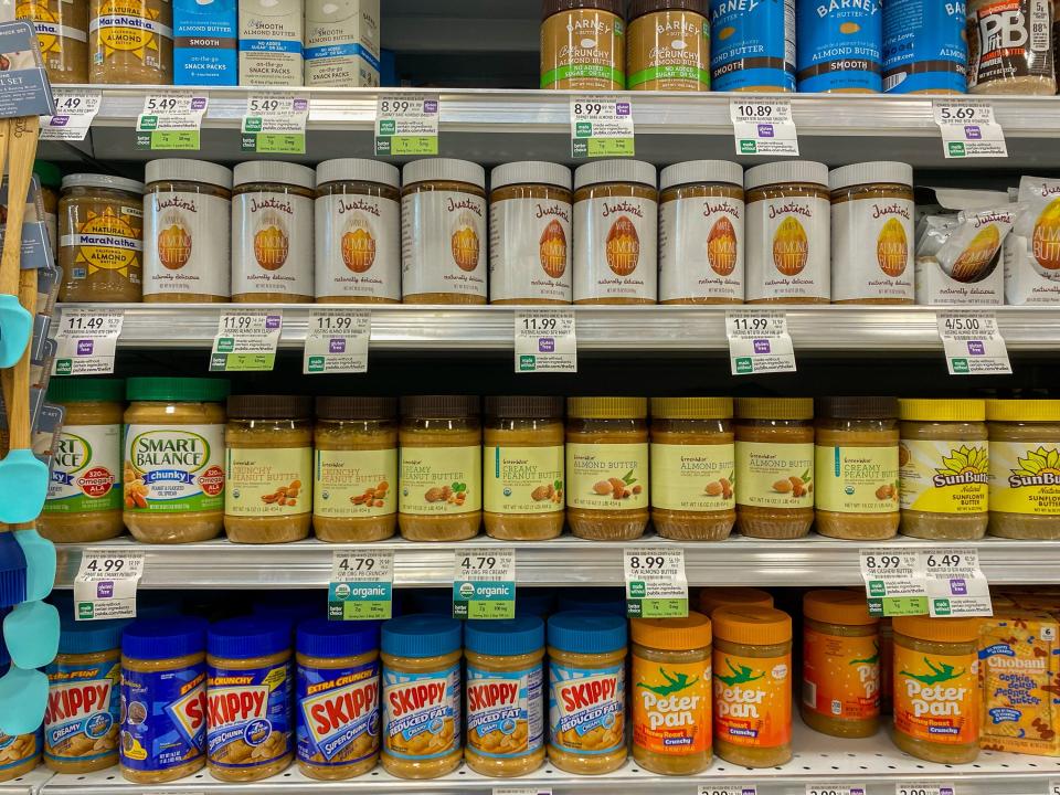 A variety of nut butter is seen on shelves inside a Publix in Florida