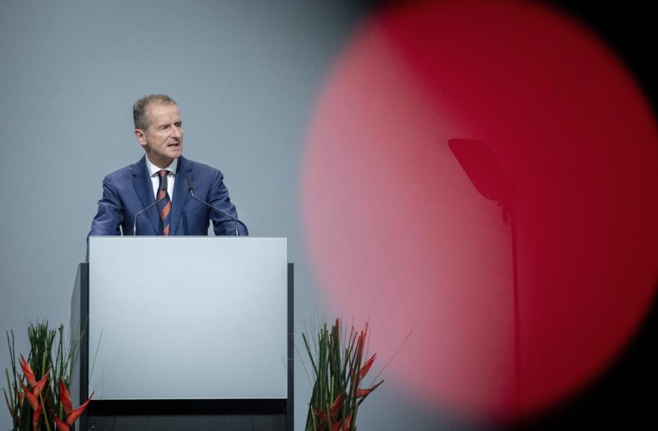 Herbert Diess, CEO of the Volkswagen stock company, delivers his speech during the company's annual general meeting in Berlin, Germany, Tuesday, May 14, 2019. (Kay Nietfeld/dpa via AP)