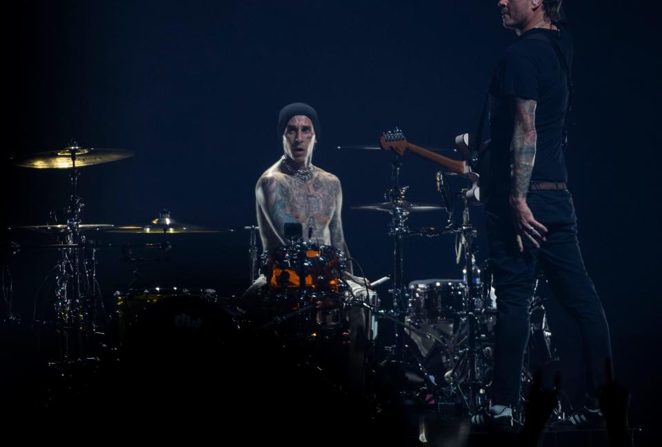 Travis Barker of Blink 182 performs at Bridgestone Arena in Nashville , Tenn., Sunday, July 16, 2023.