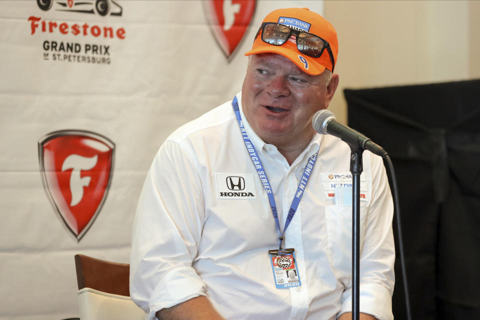 FILE - Chip Ganassi speaks about driver Jimmie Johnson joining his IndyCar team for next season at a press conference during the IndyCar race weekend in St. Petersburg, Fla., in this Saturday, Oct. 24, 2020, file photo. Chip Ganassi has sold his NASCAR team to Justin Marks, owner of Trackhouse Racing, and will pull out of the nation's top stock car series at the end of this season. Ganassi fields two cars in the Cup Series but will transfer his North Carolina race shop and all its assets to Marks for 2022. “He made me a great offer that required my attention,” Ganassi told The Associated Press on Wednesday, June 30, 3031, as the sale was announced. (AP Photo/Mike Carlson, File)