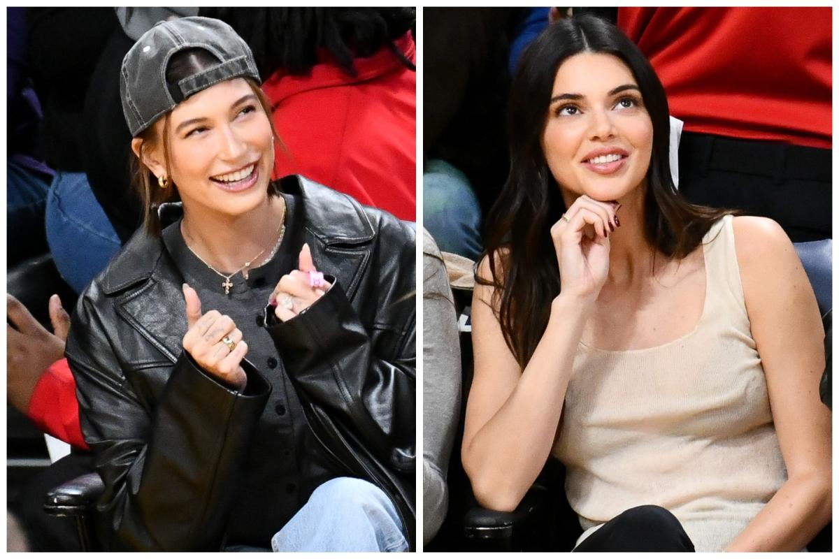 Kendall Jenner and Hailey Bieber match in black leather looks for girls'  night out at Lakers game