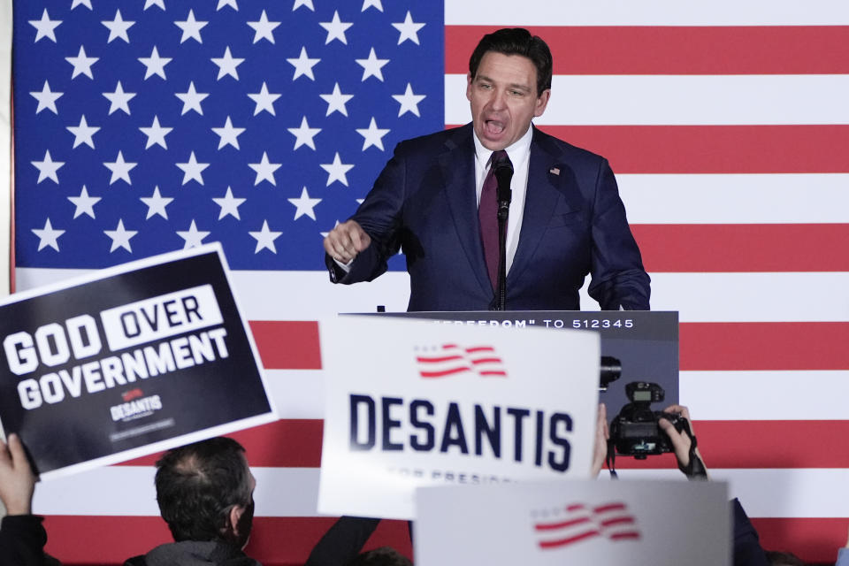 FILE - Republican presidential candidate Florida Gov. Ron DeSantis speaks to supporters during a caucus night party, Jan. 15, 2024, in West Des Moines, Iowa. Before launching his ill-fated campaign for the White House, DeSantis was a star. Again and again, Republican voters said they saw him as the future of the party. But after a bitter scorched-earth primary in which Trump pounded DeSantis viciously for the better part of a year, interviews with voters across early-voting states suggest the Florida governor may have an uphill battle if he chooses to run again in 2028. (AP Photo/Charlie Neibergall, File)