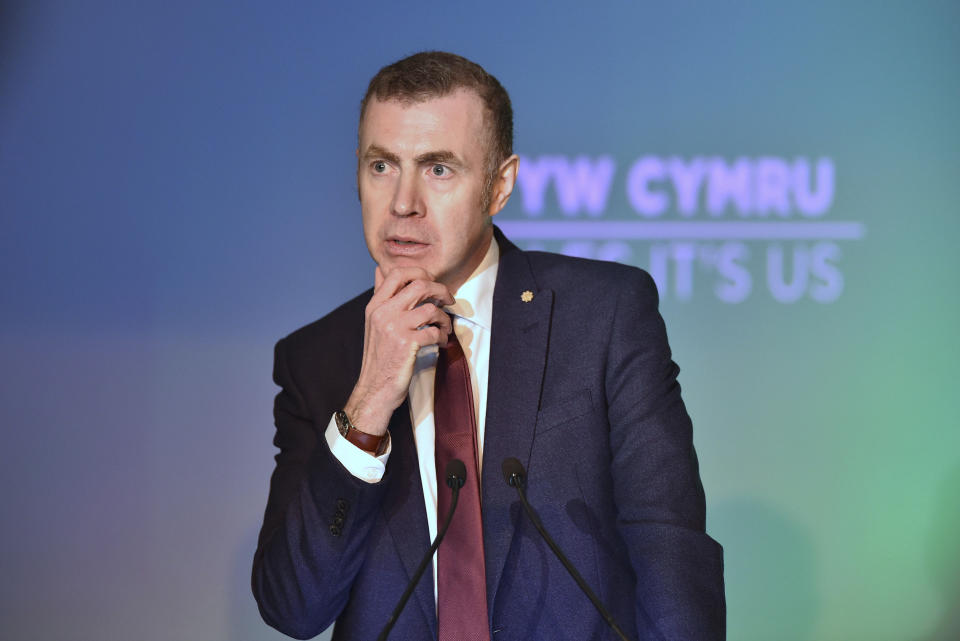 Britain's Plaid Cymru leader Adam Price speaks during the launch of his party's manifesto in Nantgarw, Wales, Friday Nov. 22, 2019, ahead of the general election on Dec. 12. (Ben Birchall/PA via AP)