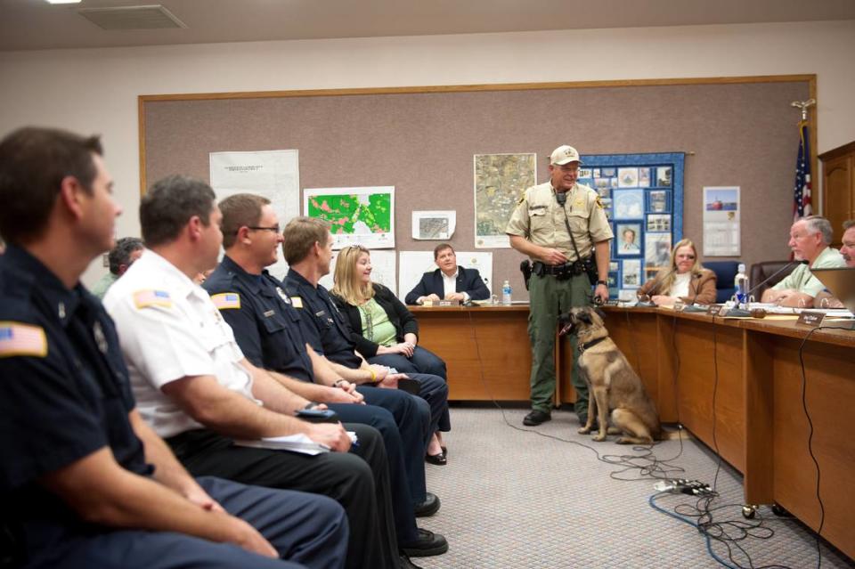 Deputy Sheriff John Franklin introduced his new K9 partner Jacco at a Templeton Community Services District board meeting in March 2012. Jacco was laid to rest on Oct. 5, 2023.