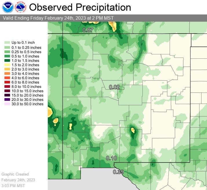 This image shows precipitation totals recorded throughout New Mexico from winter storms that blew through the state from Feb. 17  through Feb. 24.