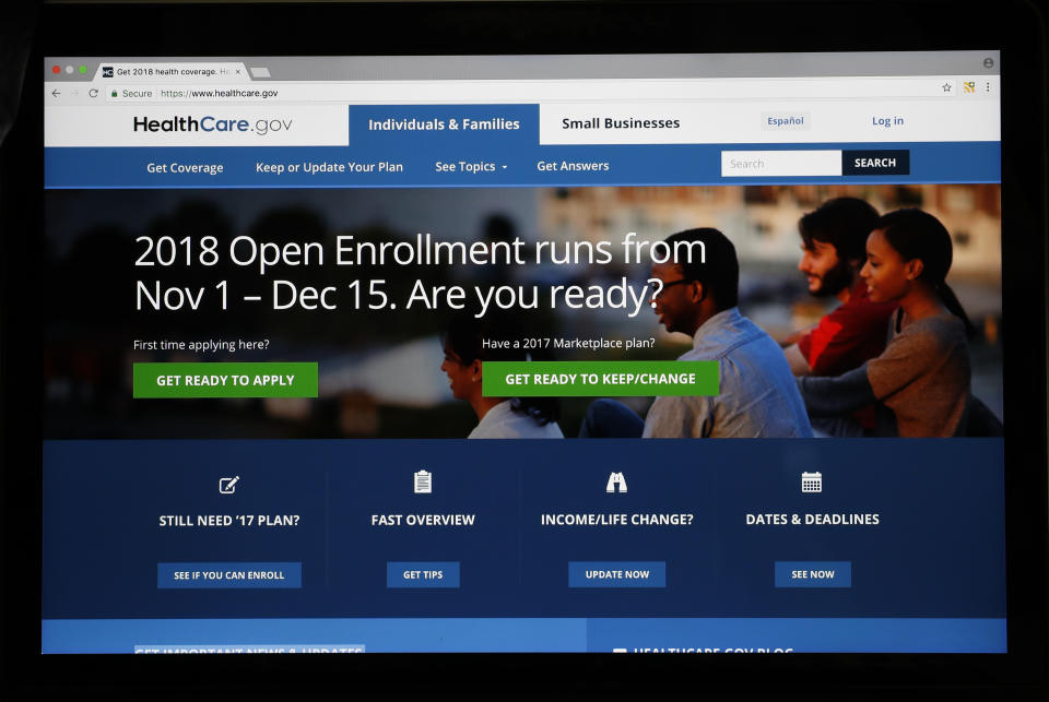 The Healthcare.gov website is seen on a computer screen Wednesday, Oct. 18, 2017, in Washington. (AP Photo/Alex Brandon)