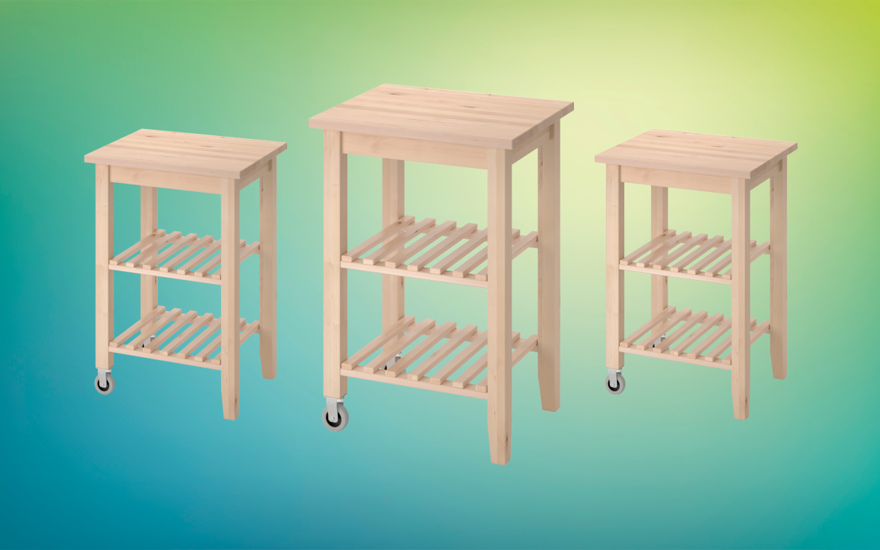  IKEA BEKVÄM kitchen carts against a gradient background. 