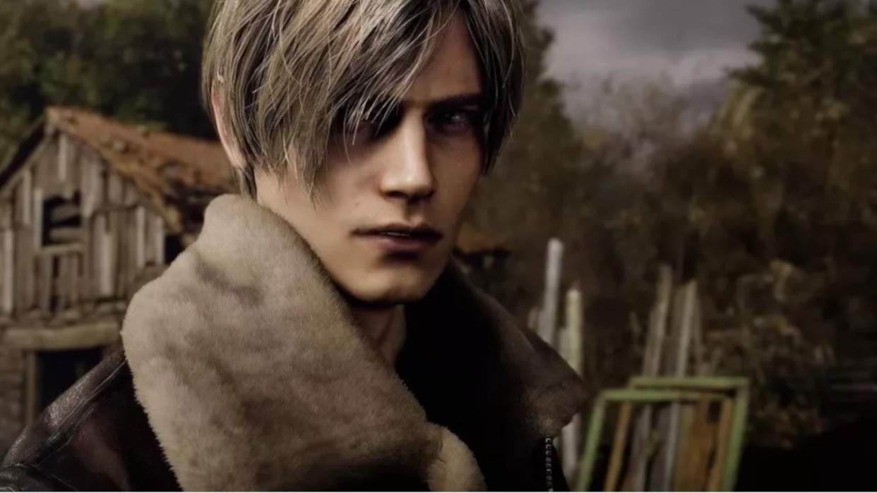  Leon from Resident Evil 4 doing the smoulder among a run-down village. 