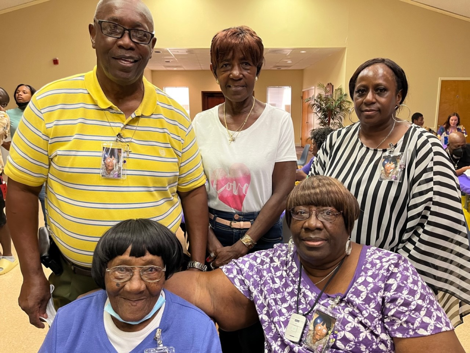 Lula Mae Keaton’s children pose with her at her 105th birthday celebration, held in Candler on June 25. From left, in rear, Robert Taylor, Annie Harts, Diane Welcome. In front, from left, Lula Mae Keaton, Judie Taylor. Keaton’s son, Hardges Taylor Jr., died in 2018.