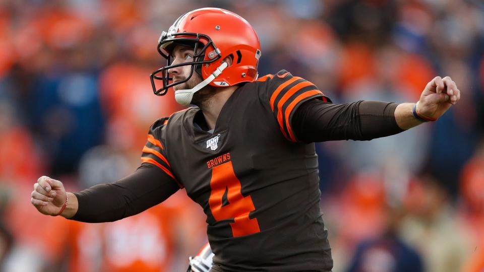 Cleveland Browns kicker Austin Seibert (4) against the Denver Broncos during the first half of NFL football game, Sunday, Nov. 3, 2019, in Denver. (AP Photo/David Zalubowski)