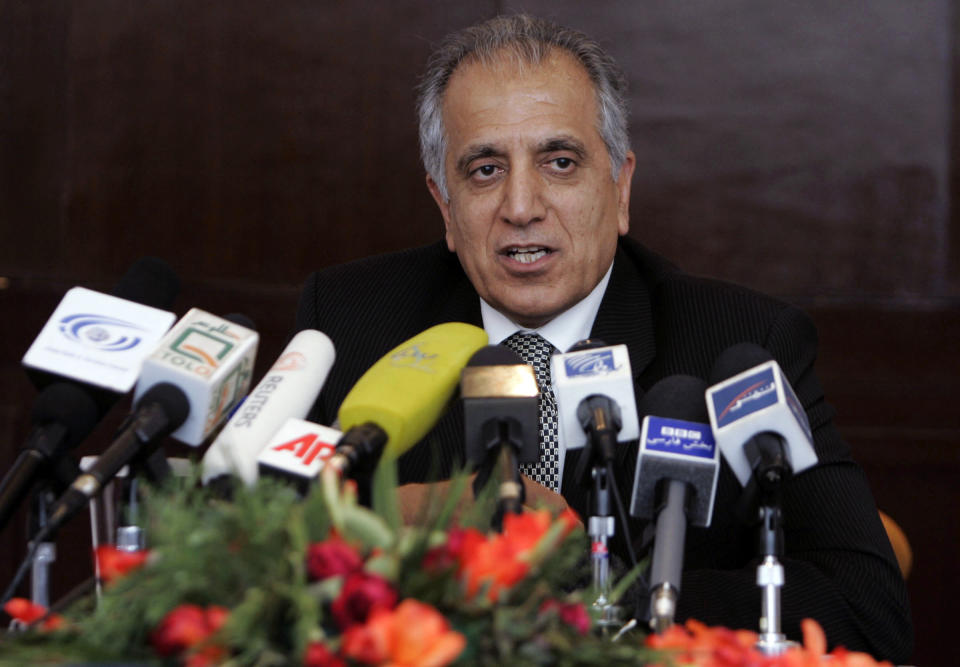 FILE - In this March 13, 2009, file photo, Zalmay Khalilzad, special adviser on reconciliation speaks during a news conference in Kabul, Afghanistan. The U.S. special envoy tasked with finding a negotiated end to Afghanistan's 17-year old war has arrived in Islamabad, Tuesday, Dec. 4, 2018 for talks with the country's political and military leadership. (AP Photo/Rafiq Maqbool)