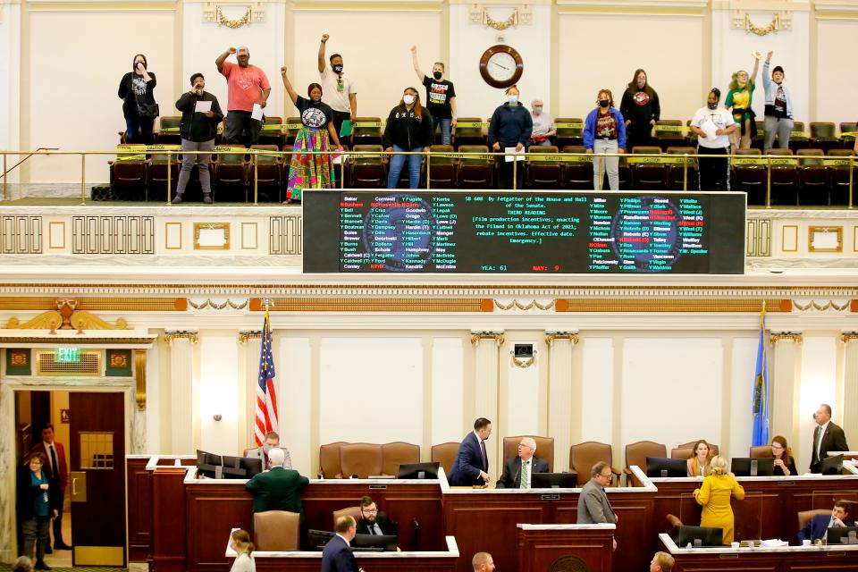 Demonstrators disrupt the House Wednesday at the state Capitol as they protest recent bills passed by the Legislature.