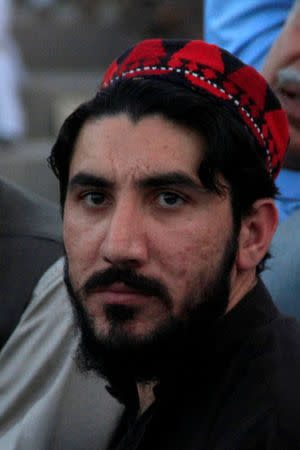 Manzoor Pashteen, student activist and leader of the Pashtun Tahaffuz Movement (PTM), is seen during a rally in Lahore, Pakistan April 22, 2018. REUTERS/Mohsin Raza