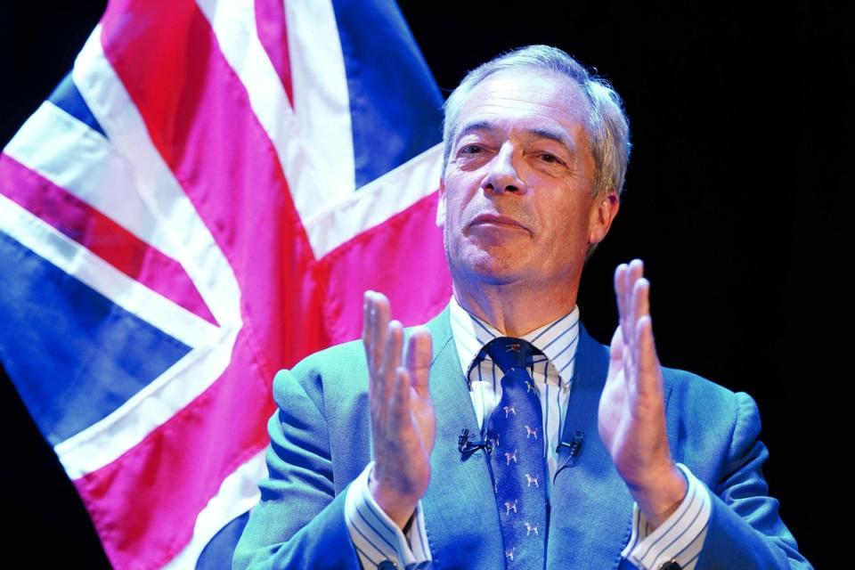 Reform UK leader Nigel Farage speaking at Princes Theatre in Clacton (Ian West / PA Wire)