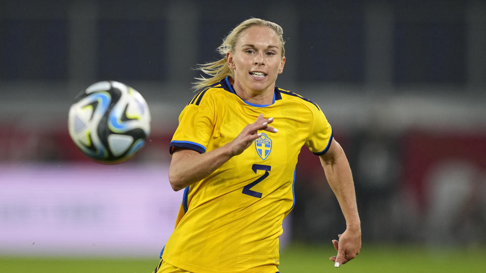 FILE - Sweden's Jonna Andersson runs for the ball during the women's international soccer friendly match between Germany and Sweden in Duisburg, Germany, Tuesday, Feb. 21, 2023. (AP Photo/Martin Meissner, File)