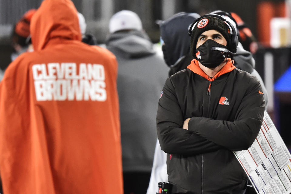 Browns coach Kevin Stefanski will miss his team's first playoff game. (AP Photo/David Richard)