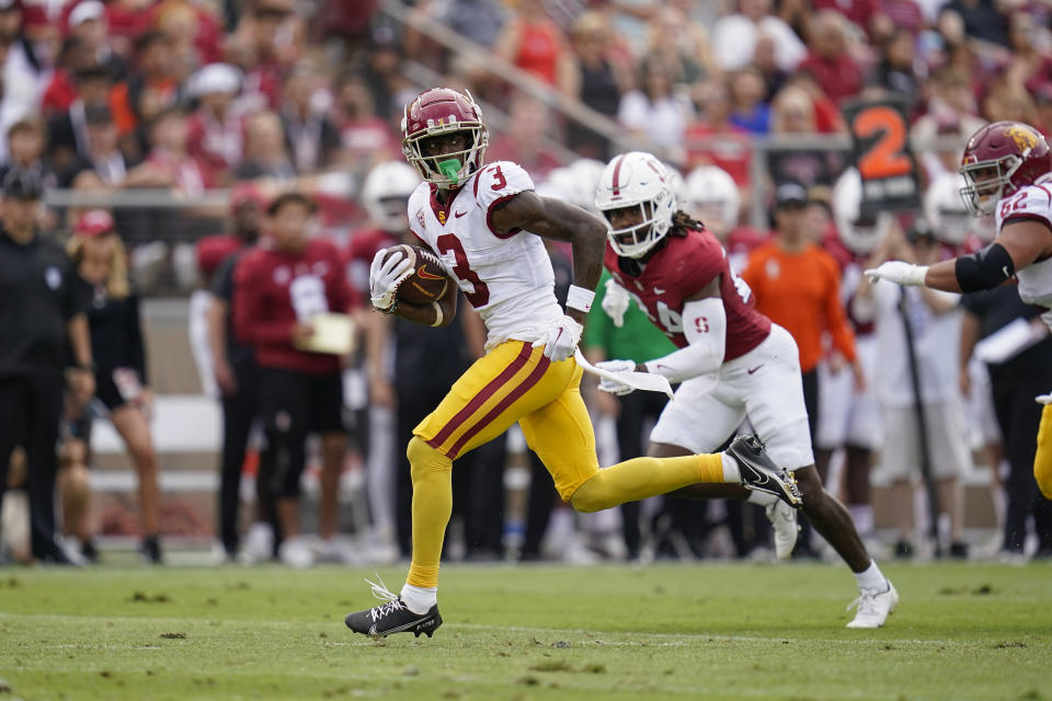 Southern California wide receiver Jordan Addison (3) runs after catching a pass to score a 22-yard touchdown against Stanford during the first half of an NCAA college football game in Stanford, Calif., Saturday, Sept. 10, 2022. (AP Photo/Godofredo A. Vásquez)
