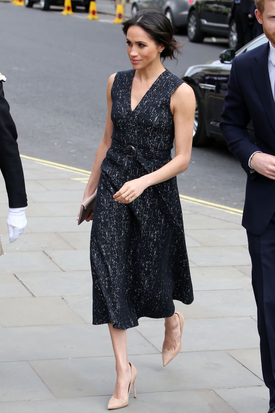 <p>Meghan Markle wore a patterned sleeveless Hugo Boss dress (similar <a href="https://www.hugoboss.com/uk/belted-shift-dress-in-a-patterned-structured-stretch-fabric/hbeu50384847_961.html?cgid=11300#wrapper" rel="nofollow noopener" target="_blank" data-ylk="slk:here;elm:context_link;itc:0;sec:content-canvas" class="link ">here</a>) with a pair of nude pointed court shoes with a stiletto heel at a memorial service to commemorate the anniversary of the murder of Stephen Lawrence. Her appearance comes hours after the <a href="https://www.elle.com/uk/life-and-culture/culture/a19596075/kate-middleton-gives-birth-third-royal-baby/" rel="nofollow noopener" target="_blank" data-ylk="slk:announcement of the birth of royal baby number three;elm:context_link;itc:0;sec:content-canvas" class="link ">announcement of the birth of royal baby number three</a>. </p>