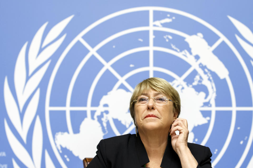 U.N. High Commissioner for Human Rights Chilean Michelle Bachelet listens to the media one year after she took office, during a press conference at the European headquarters of the United Nations in Geneva, Switzerland, Wednesday, September 4, 2019. (Salvatore Di Nolfi/Keystone via AP)