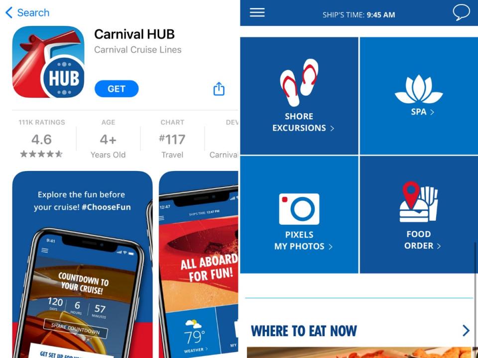 Screenshots of the Carnival HUB app