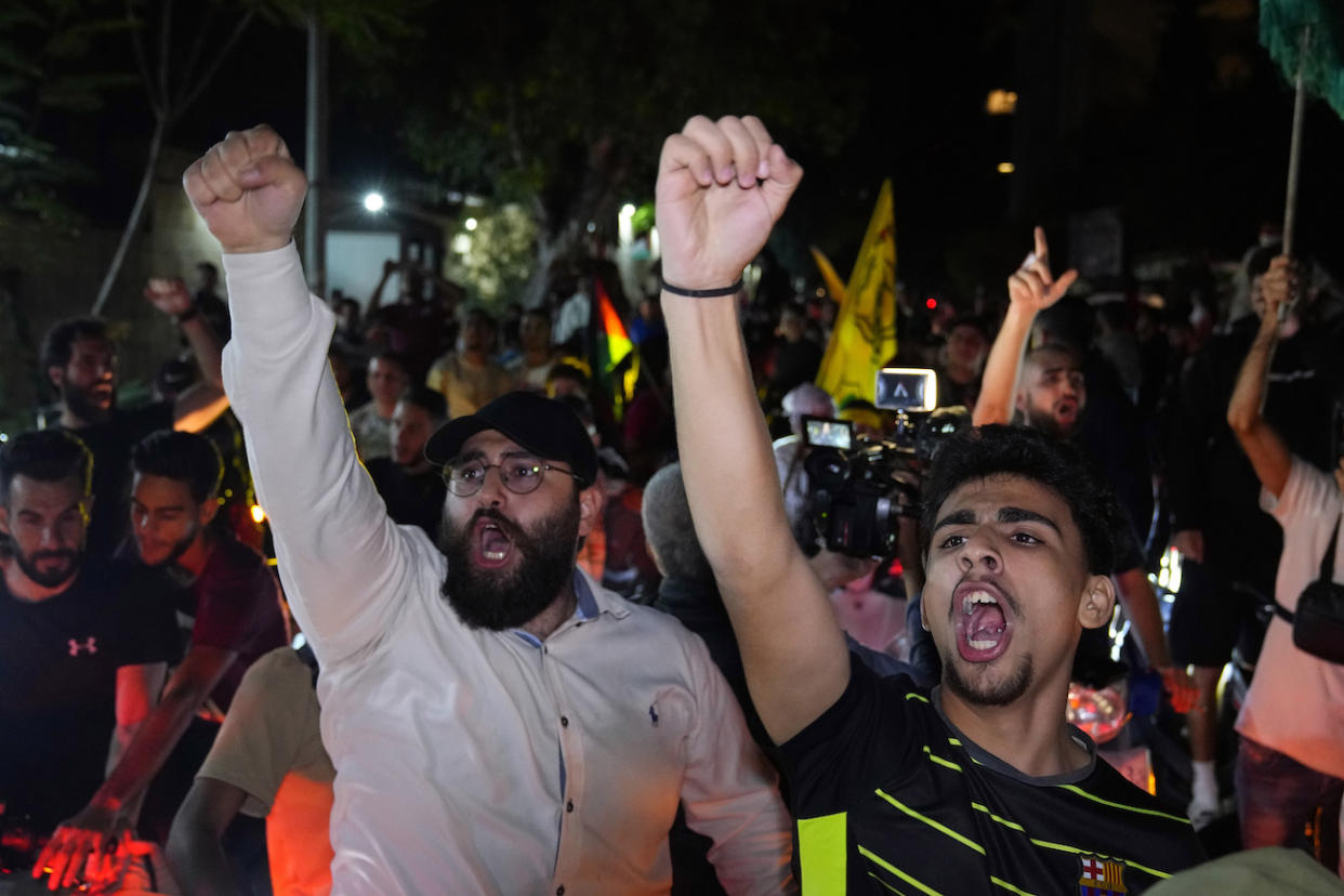 Demonstrators chant slogans during a protest in solidarity with the Palestinian people in Gaza, in front of the French embassy in Beirut, Lebanon, Tuesday, Oct. 17, 2023. (PHOTO: AP Photo/Bilal Hussein)